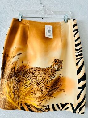 NWT Silk Club Collection 14 💯 Silk Leopard Print Mini Skirt in Golden Cream 90s